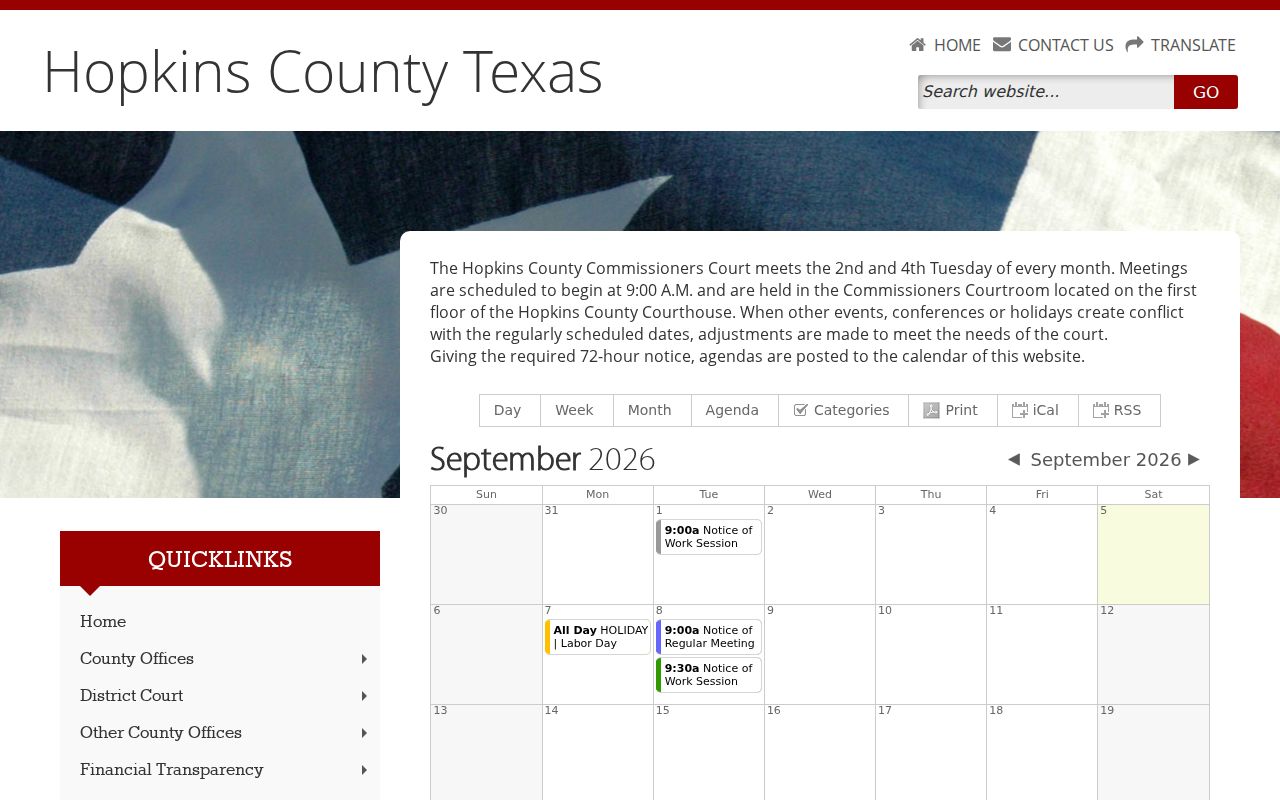 Hopkins County court docket category and public calendar controls