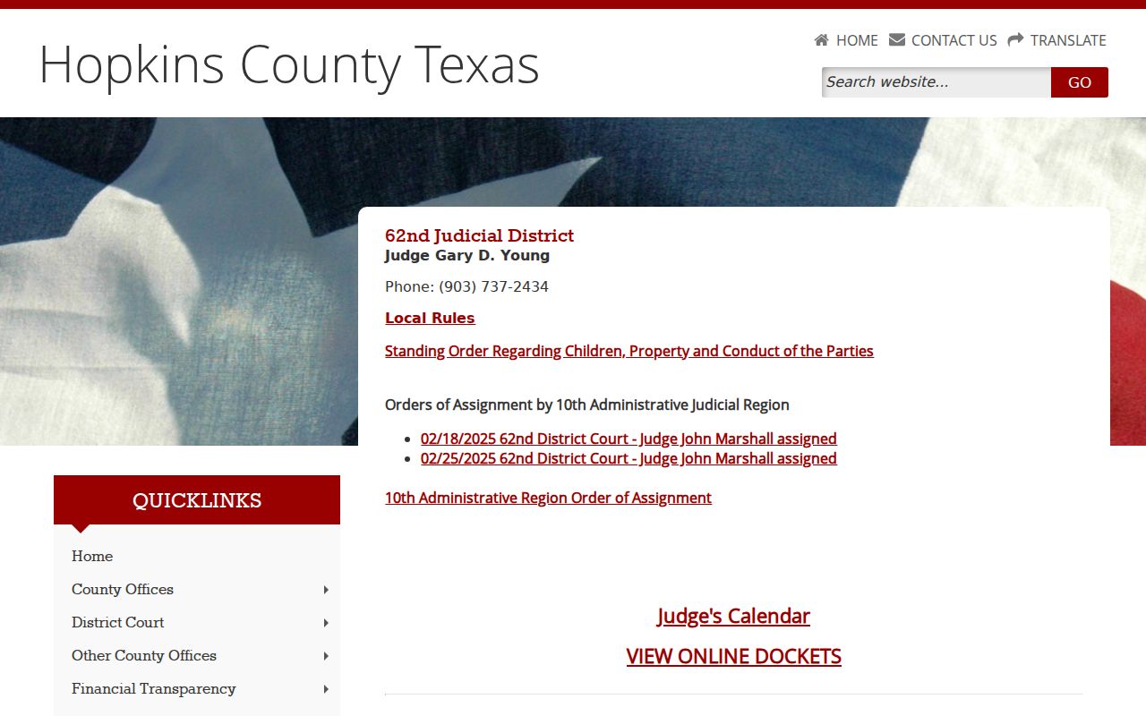 Hopkins County civil docket and calendar route for the 62nd Judicial District Court