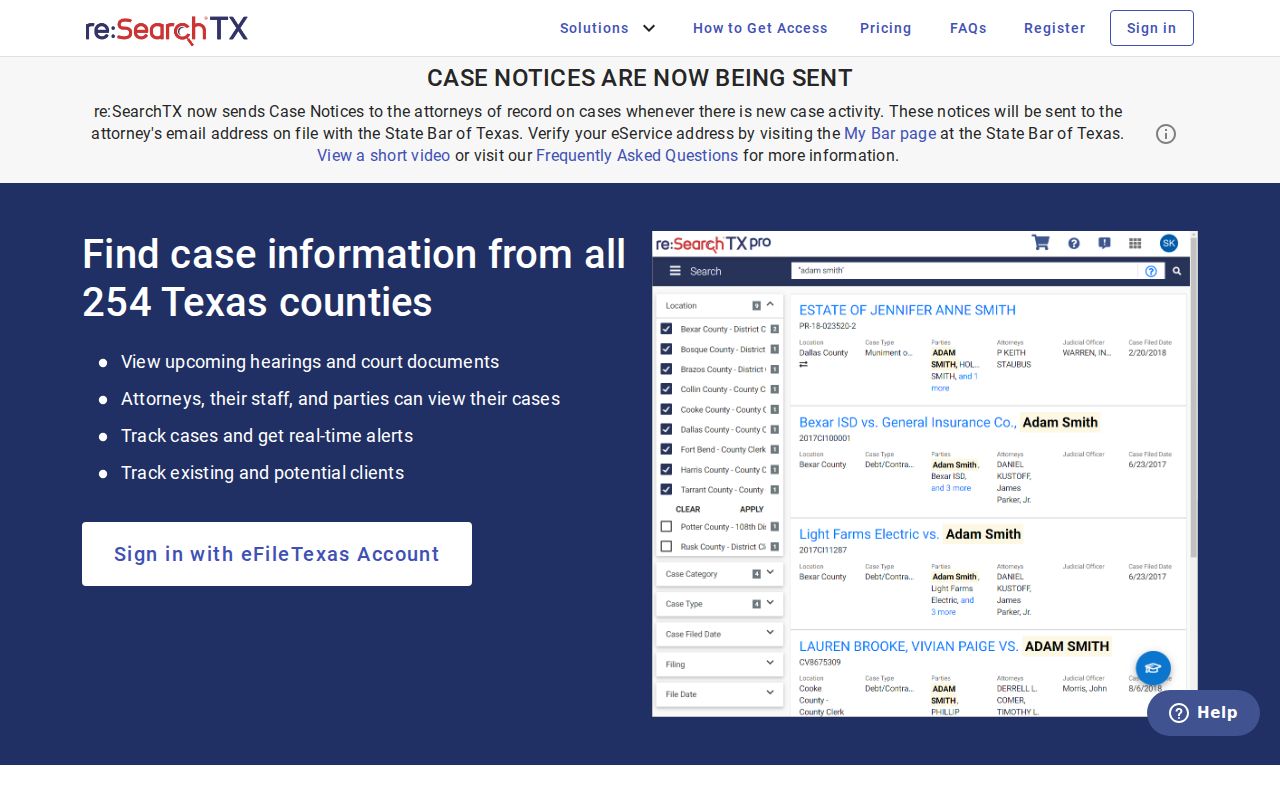 Hopkins County case lookup through the statewide re:SearchTX landing page
